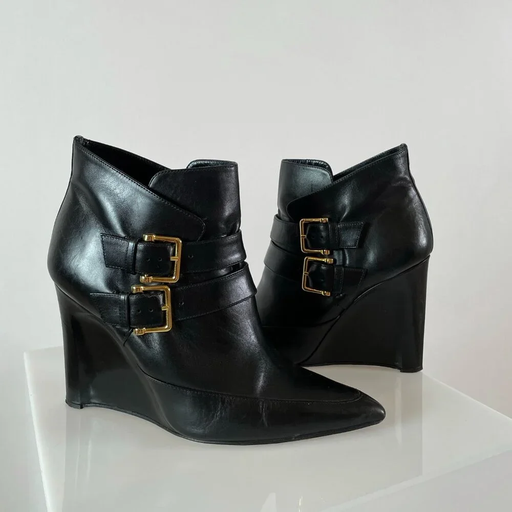 Minimalist | Derek Lam Black Leather Ankle Boot Wedge | Pointy Toe | Gold Buckle